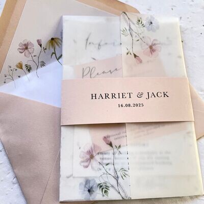Blush pink wildflowers plantable seed wedding invitation set