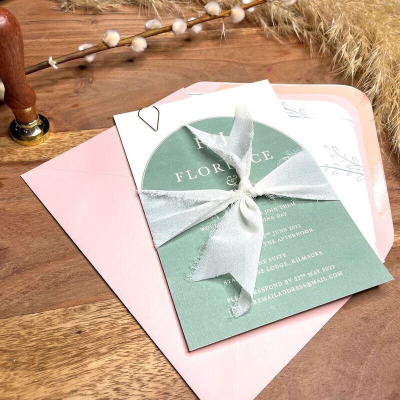 Blush pink & sage green arch wedding  invitation set