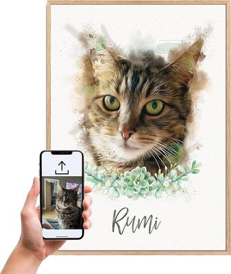 Custom Watercolour Effect Pet Portrait with Floral Options from Any Photo Custom Watercolour Effect Pet Portrait with Floral Options from Any Photo