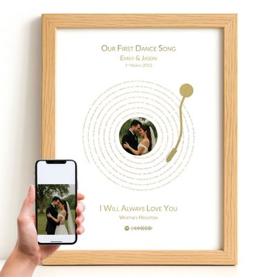 Personalised Foil Song Lyrics Record Print with Photo – Custom Metallic Gold, Silver or Copper Foil – Wedding, Anniversary, Birthday, or Christmas Gift