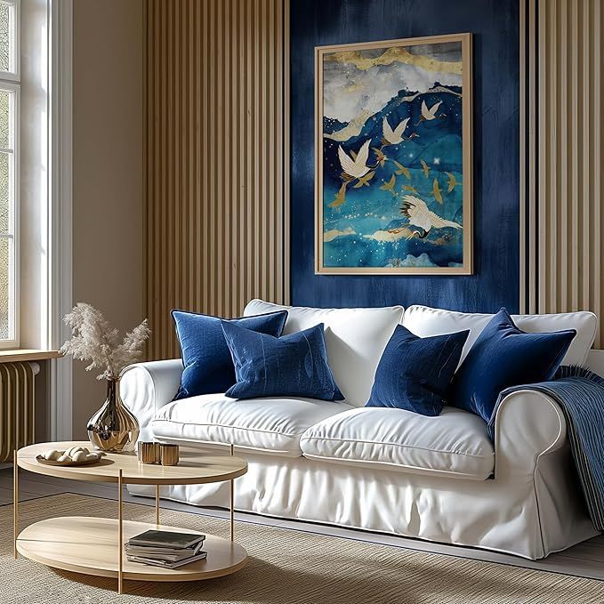 Midnight Crane Flight – Blue & Gold Japanese-Inspired Wall Art Print