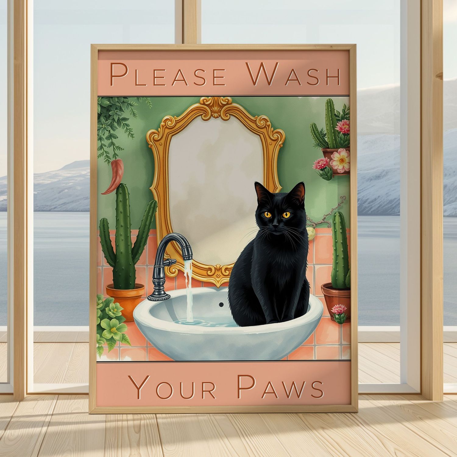 Funny Cat Bathroom Wall Art Print – “Please Wash Your Paws” – Whimsical Toilet Humour Poster – Gift for Cat Lovers