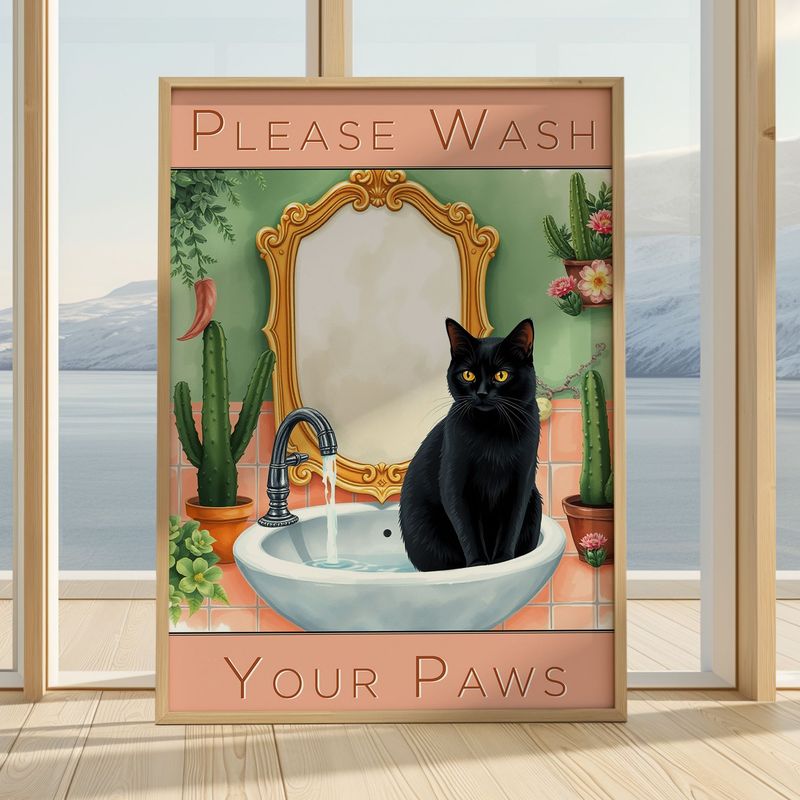 Funny Cat Bathroom Wall Art Print – “Please Wash Your Paws” – Whimsical Toilet Humour Poster – Gift for Cat Lovers