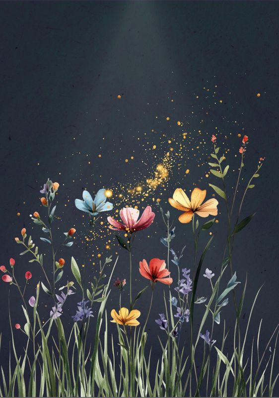 Magical Wildflower Abstract Art Print – Botanical Wall Art with Gold Sparkle Accents