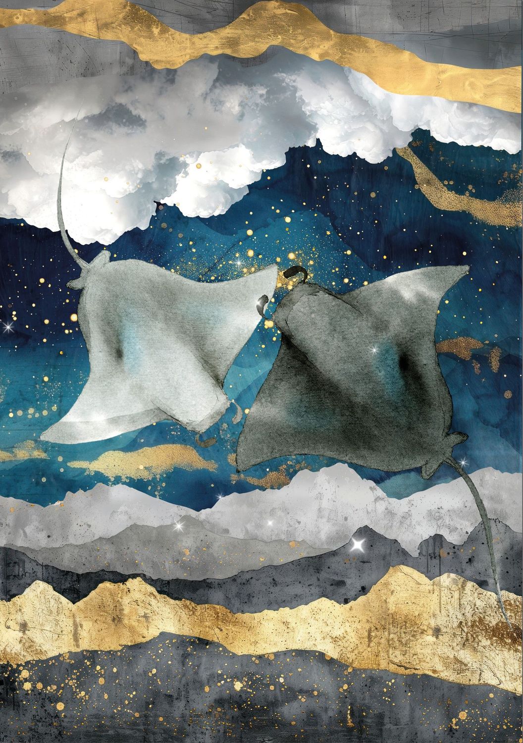 Abstract Stingray Ocean Wall Art Print – Navy Blue & Gold Coastal Marine Artwork