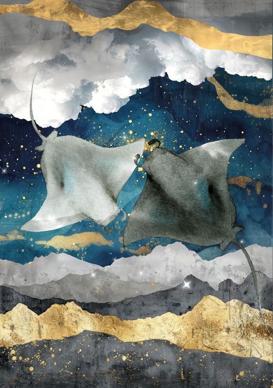 Abstract Stingray Ocean Wall Art Print – Navy Blue & Gold Coastal Marine Artwork