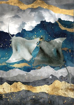 Abstract Stingray Ocean Wall Art Print – Navy Blue & Gold Coastal Marine Artwork