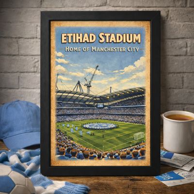 Etihad Stadium Poster Print, Manchester City Inspired Wall Art, Vintage Retro Football Fan Gift