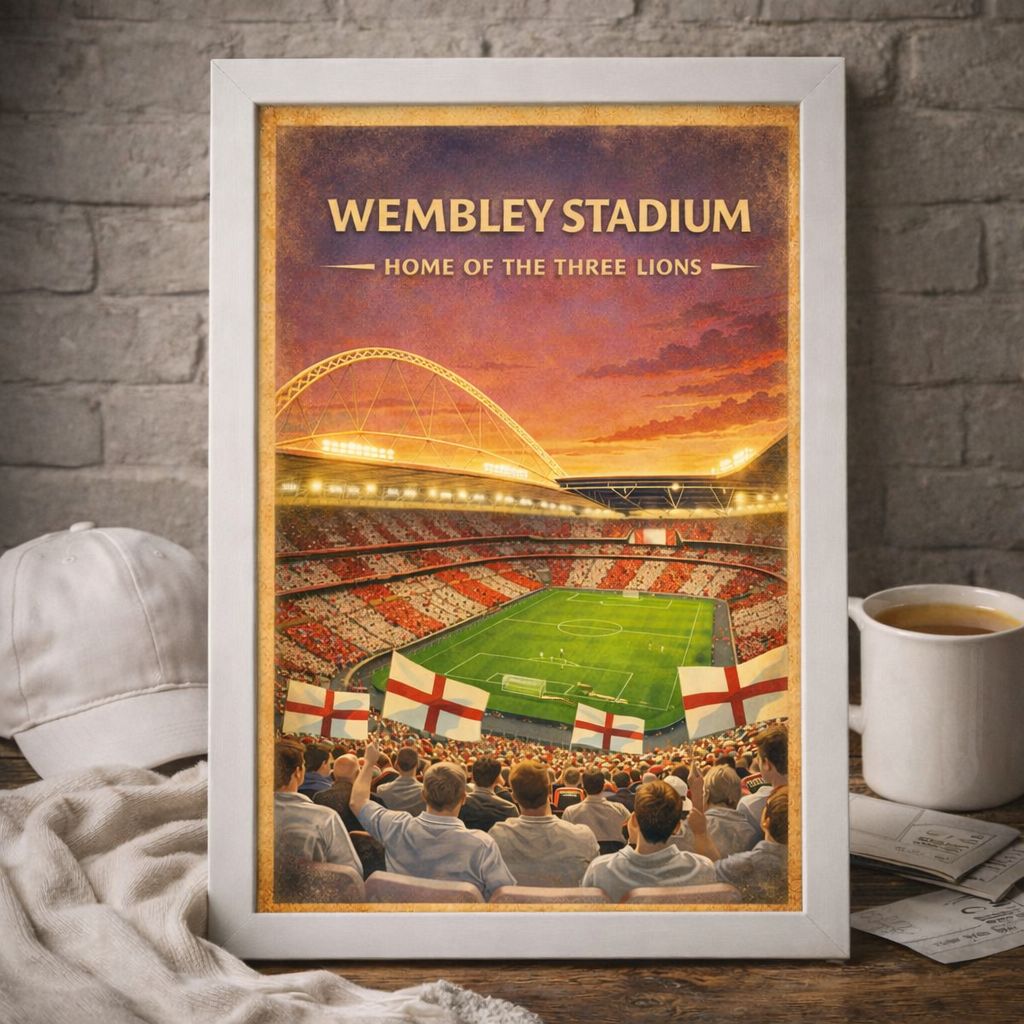 Wembley Stadium Poster Print, Three Lions Inspired Wall Art, Vintage Retro Football Fan Gift