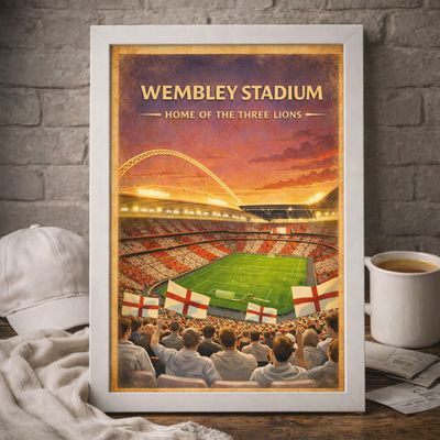 Wembley Stadium Poster Print, Three Lions Inspired Wall Art, Vintage Retro Football Fan Gift