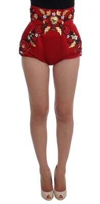 Dolce&Cabana Red Silk Crystal Roses Shorts by United Love Nation