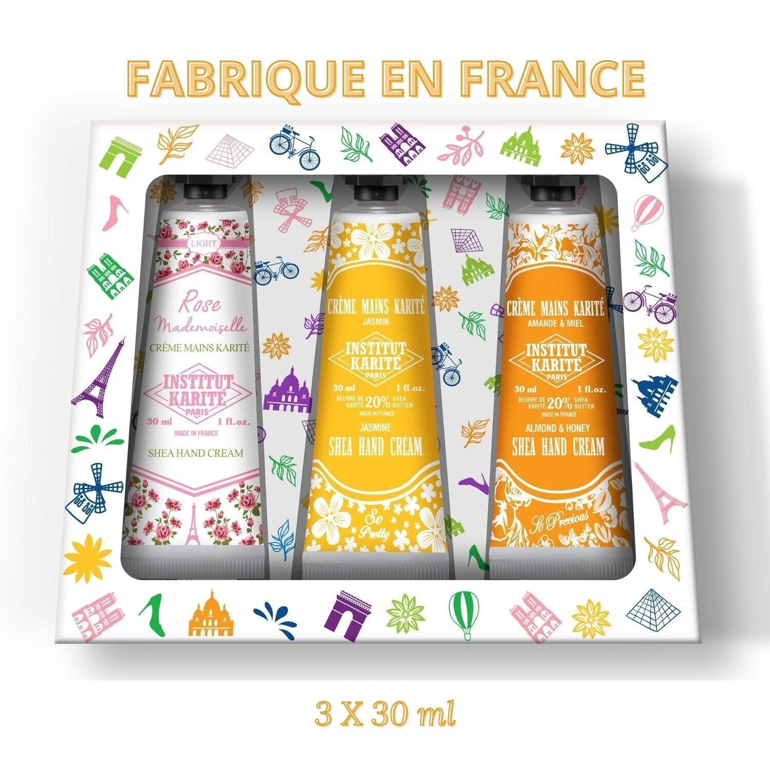 TRIO PARISIEN CRÈMES MAINS KARITÉ - ROSE MADEMOISELLE, JASMIN, AMANDE &amp; MIEL