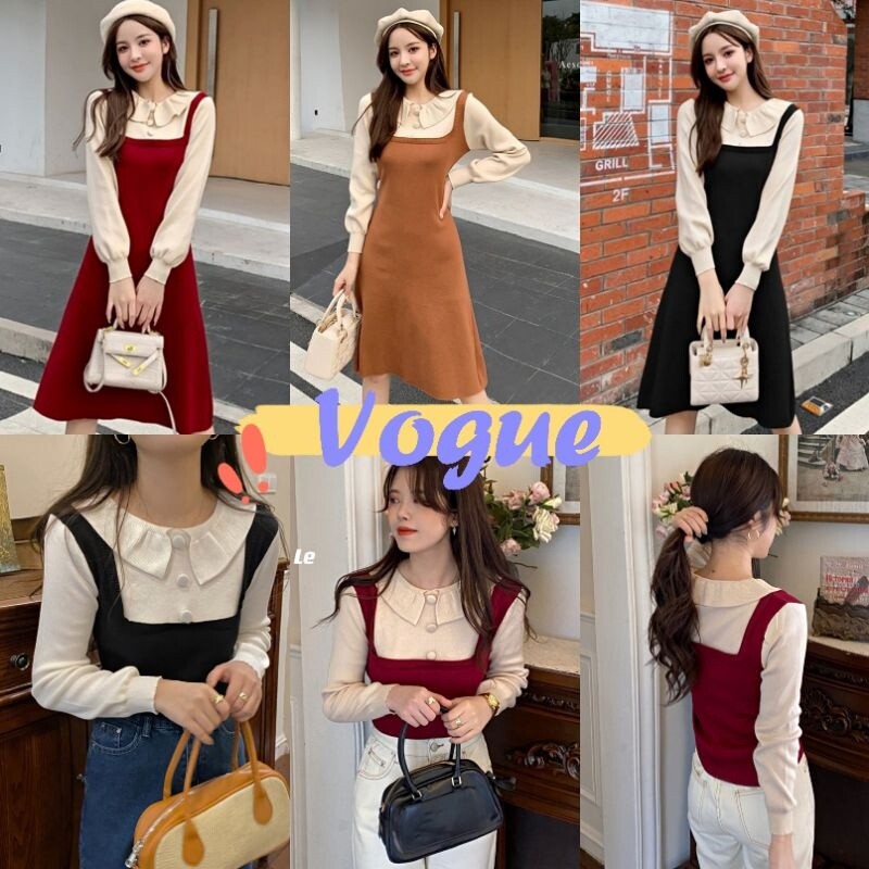 Vogue🌟🌟เดรสไหมพรมแขนยาวคอปกกระดุมแต่งน่ารักสไตล์​เกาหลี​💞ร้านโว๊กM​