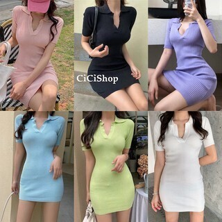 Cicishopเดรสคอวีผ้าร่องไหมพรม ยืดได้เยอะ แต่งด้วยปกเหมือนเสื้อโปโล