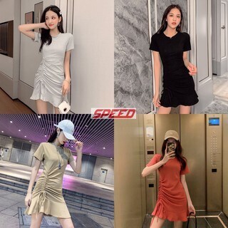 💥 #8902💥 ชุดเดรสแขนสั้น Drawstringด้านข้างสีทึบทุกการแข่งขันสาวน่ารัก สลิมฟิตแขนสั้นชุดเล็ก ฤดูร้อนของผู้หญิง