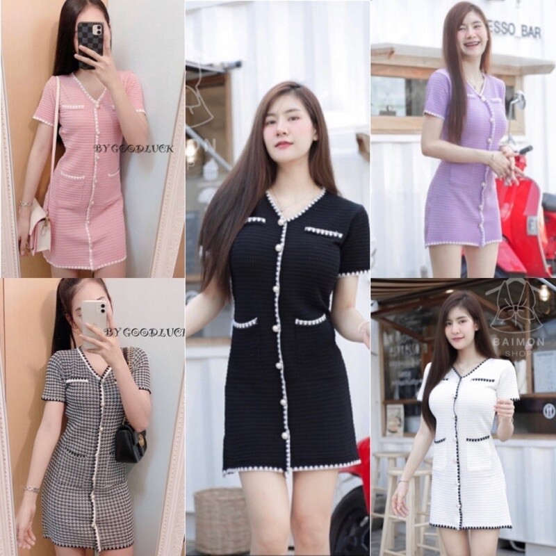 🔥aimorn_shop🔥เดรสไหมพรม กระดุมทองงานนำเข้า ผ้ายืดใส่สบายงานสวยมากๆ