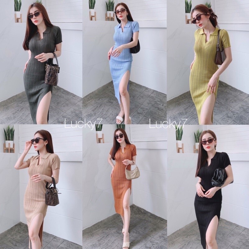 เดรสยาวไหมพรมทรงผู้ดี ใส่ไปจิบชา เนื้อผ้าพรีเมี่ยมทอลายผ้าร่อง ทรงคอปกวีเว้า
