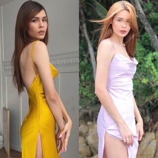 Lady_sakura✨308/035เดรสสายเดียวคอถ่วงเนื้อผ้าชาตินเดรสยาวชิปข้างเว้าหลังกระโปรงด้านช้ายเปิดโชขาอ่อน