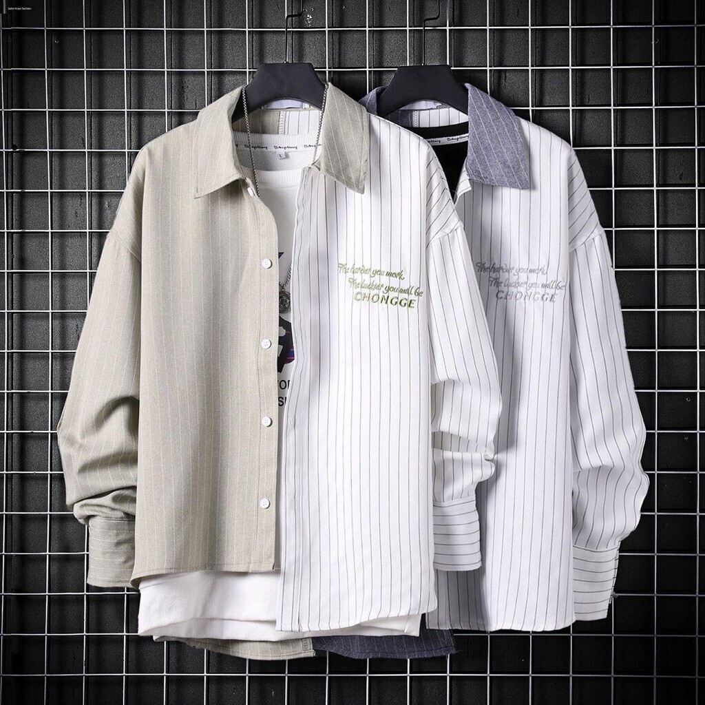 แฟชั่นเกาหลี xl，xxl✸เสื้อผ้าแฟชั่นผู้ชาย สูทสองชิ้น เสื้อเชิ้ตแขนยาวผู้ชายลายทางแบบอสมมาตรตัดเย็บสีตัดกันสไตล