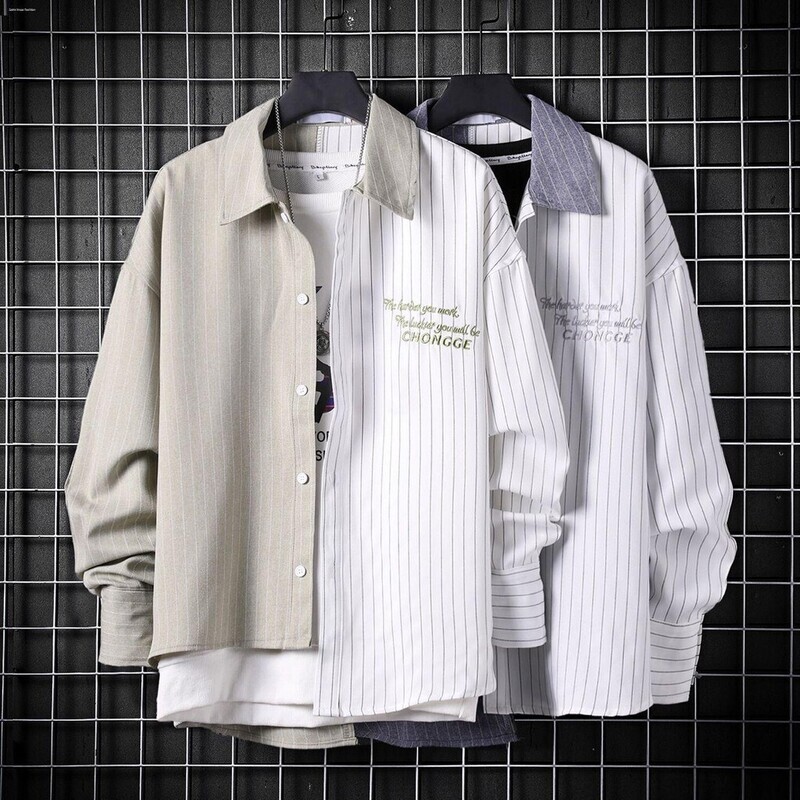 แฟชั่นเกาหลี xl，xxl✸เสื้อผ้าแฟชั่นผู้ชาย สูทสองชิ้น เสื้อเชิ้ตแขนยาวผู้ชายลายทางแบบอสมมาตรตัดเย็บสีตัดกันสไตล