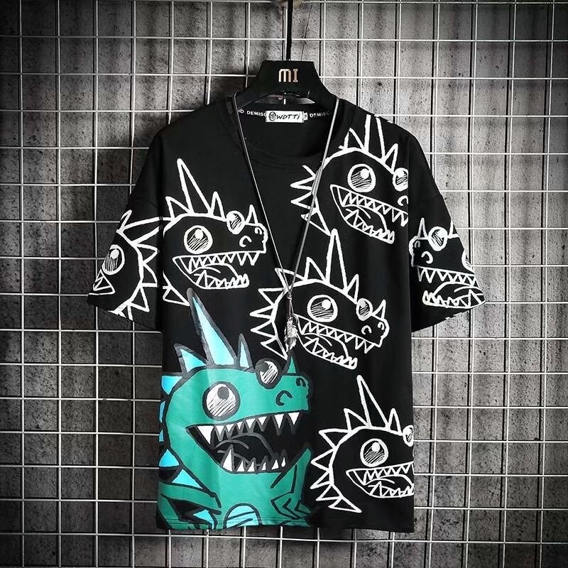 เสื้อยืดแขนสั้นพิมพ์ลายการ์ตูนไดโนเสาร์แฟชั่นฤดูร้อนสําหรับผู้ชาย