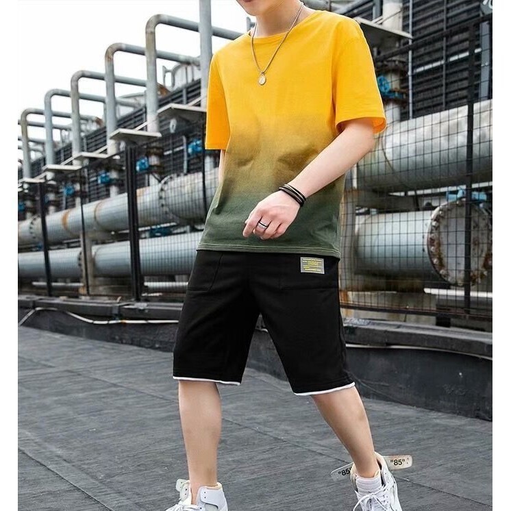 ชุดเซต 2 ชิ้น ผู้ชาย เสื้อยืดคอกลมเเขนสั้นและกางเกงขาสั้น สีพื้น รุ่น 0155