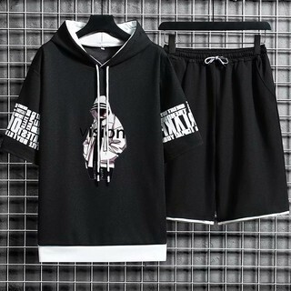 ชุดเซต 2 ชิ้น ผู้ชาย เสื้อเเขนสั้นมีฮู้ดสรีนลายด้านหน้า เเละ กางเกงขาสั้น รุ่น 0121