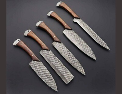 Custom Made Damascus Steel 5&quot;Pcs Knives Set With Leather Kit