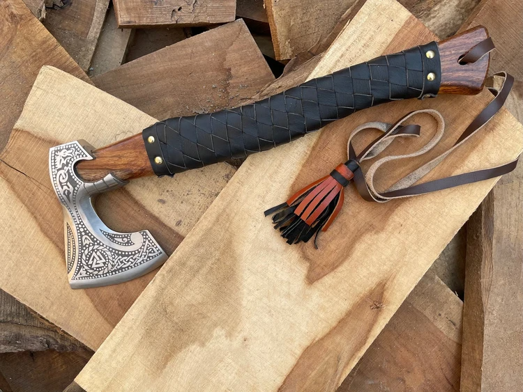 Viking Axe Custom Handmade Engraved On Carbon Steel With Rose Wood Handle.