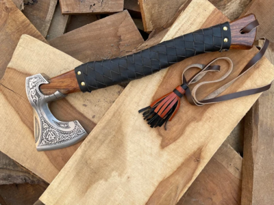 Viking Axe Custom Handmade Engraved On Carbon Steel With Rose Wood Handle.