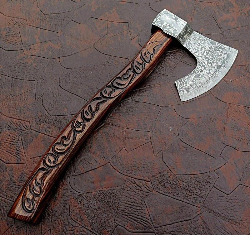 Damascus Steel Axe With Leather Sheath.
