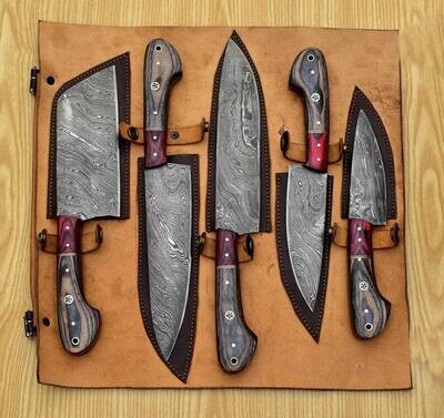Handmade Damascus Chef set Of 5pcs With Leather, Damascus Knife Set, Damascus Chef Knifes