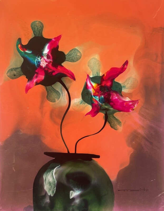 Jose Tonito Original painting on paper.Vase and flowers.Unique wonderful art.