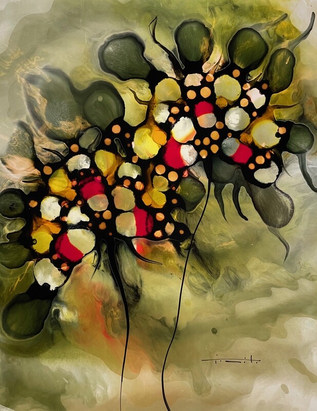 Jose Tonito Original painting on paper.Unusual Flowers 8. Unique wonderful art.