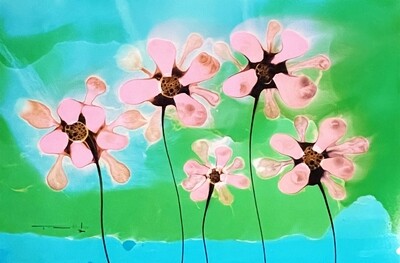 Jose Tonito Original painting on paper.Pink Garden.Flowers.Bio-Surrealism.Unique organic art.Incredible natural details
