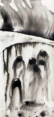 Jose Tonito Original painting on CANVAS.Nomad&#39;s Birth.Bio-Surrealism.Unique organic art.Large.11x24 inches