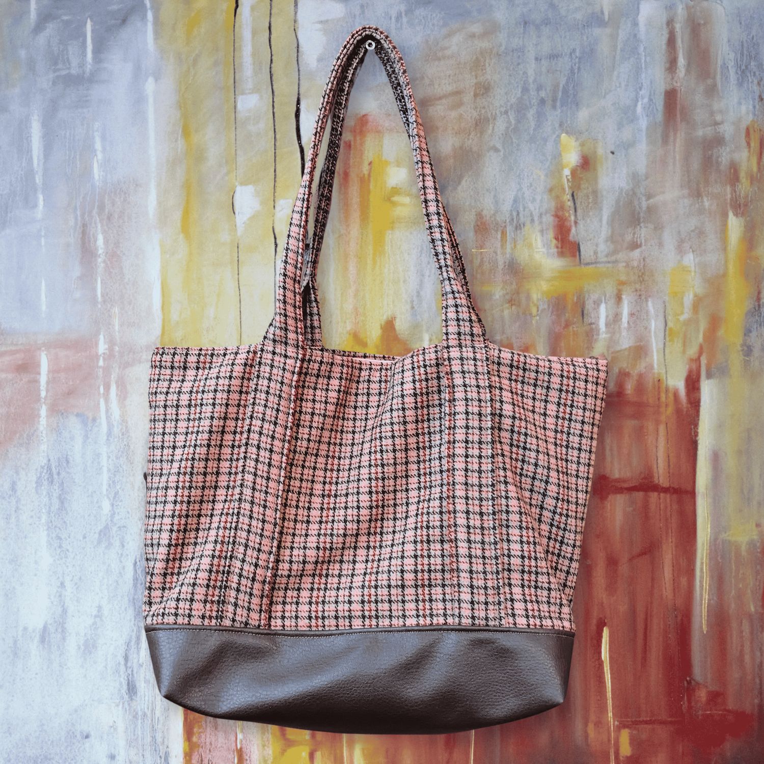 Timeless Handcrafted Brown And Coral Check Tweed Handbag