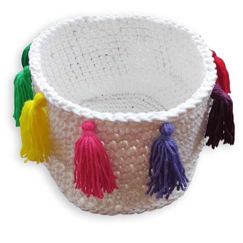 White Basket with Rainbow Tassel