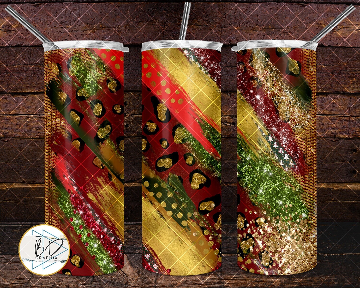 Christmas Milky Way Leopard Red Green Gold | 20oz Skinny Tumbler PNG Sublimation File