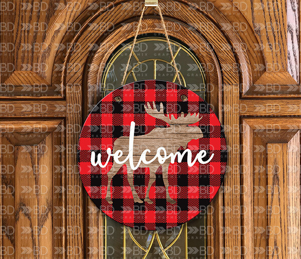 Moose Buffalo Red Plaid Welcome Door Hanger Design