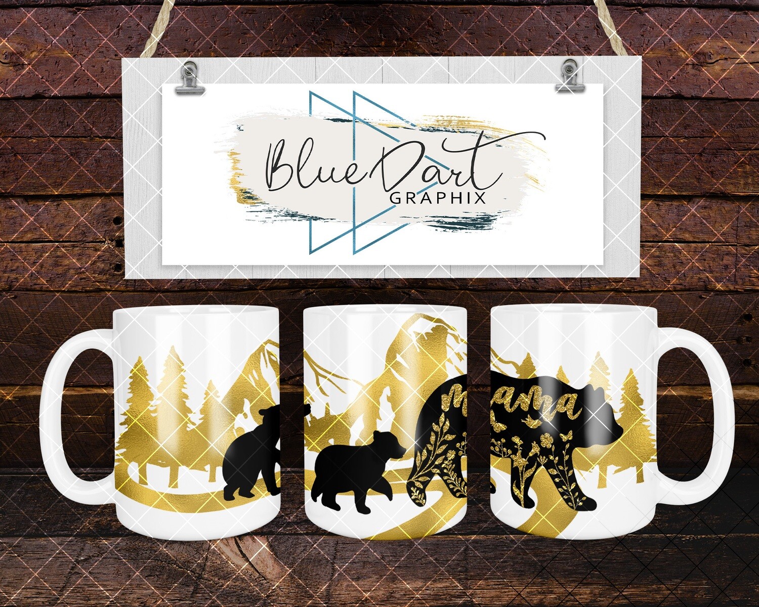 Mama Bear and 2 cubs - Gold Mountain Scene | PNG for 15oz Sublimation Mug
