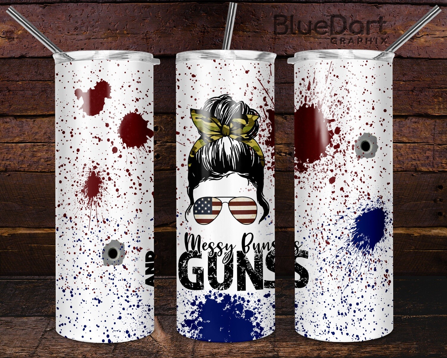 Messy Buns and Guns Red Blue Splatter Camo USA Flag