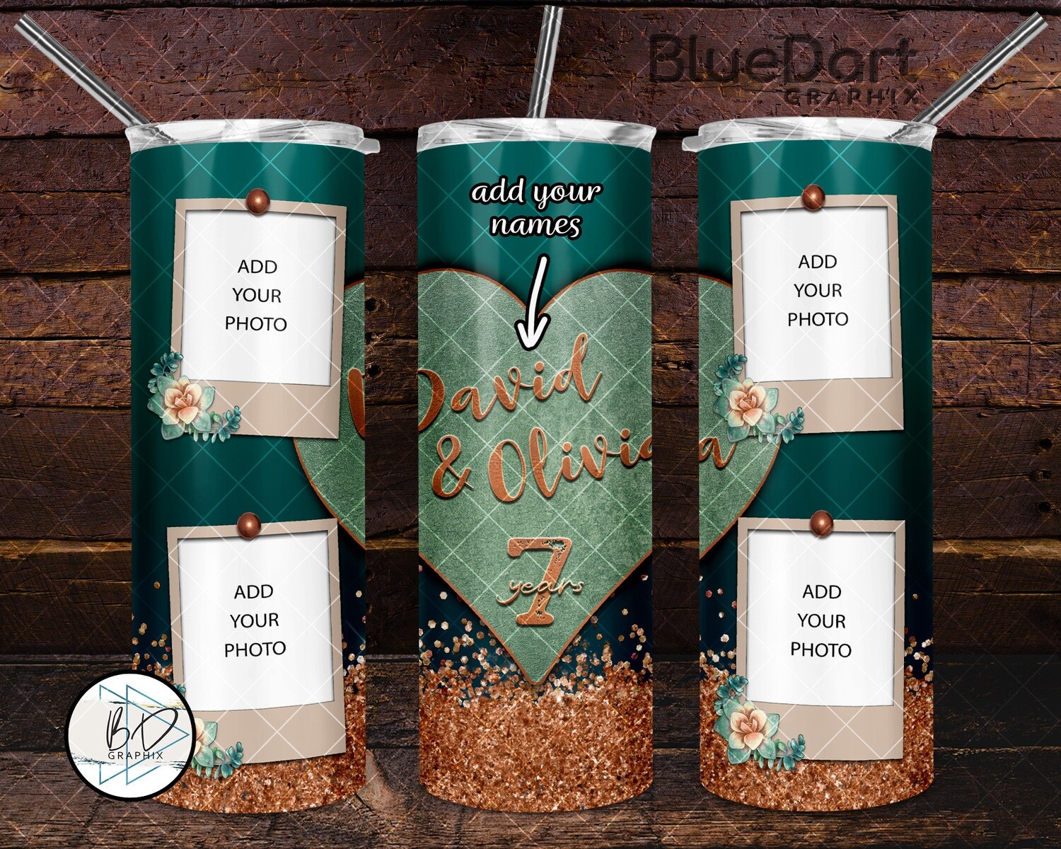 7th Wedding Anniversary Love Copper and Teal Picture Frame