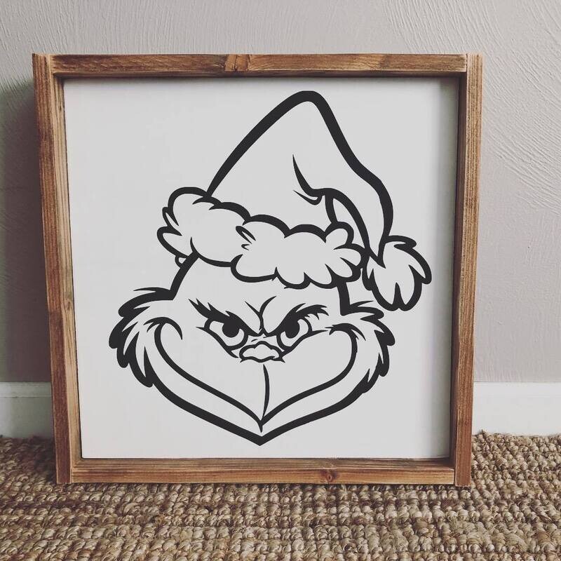 Grinch Face Framed Wood Sign