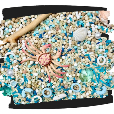 Beach themed sensory kit for sensory play with colored rice and non-toxic dyed pasta mixed sensory filler.