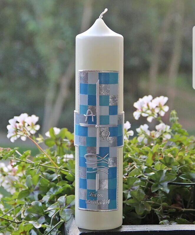 Taufkerze Patchwork für Jungen Blau Silber Taufkerze Patchwork für Jungen Blau Silber