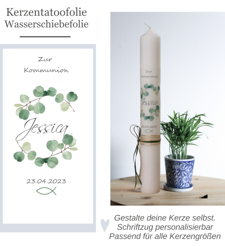 Kerzenfolie, Kerzentattoofolie TAUFE, KOMMUNION mit Eukalyptus - Transferfolie, Wasserschiebefolie, für DiY-Kerze