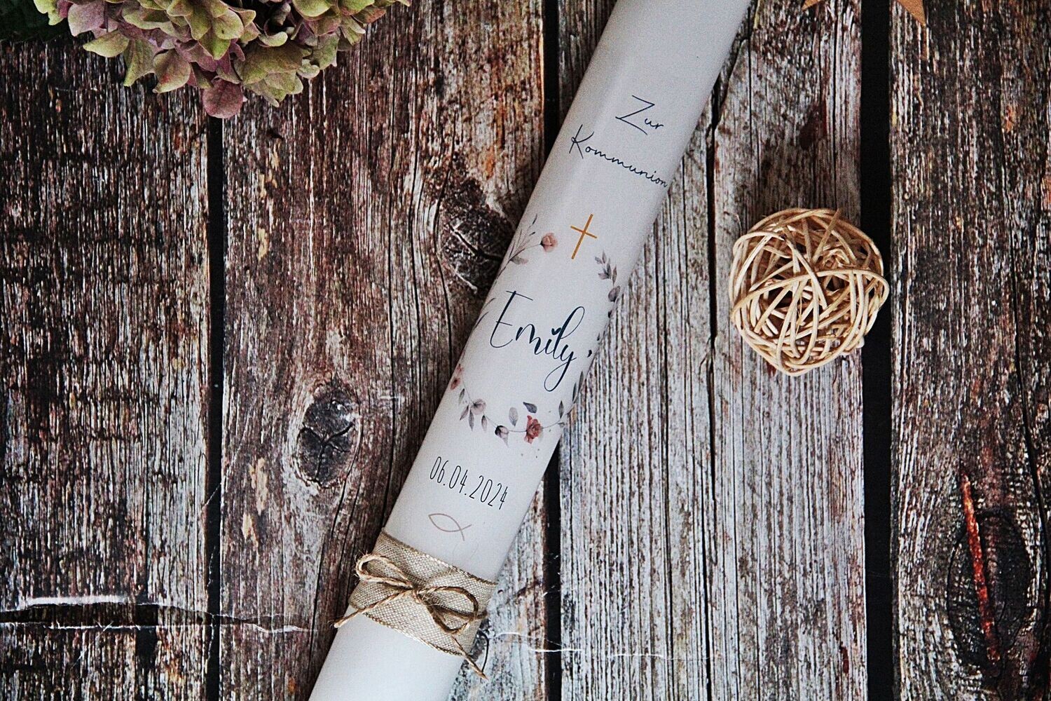 Taufkerze Kommunionkerze 300/60 Mm - Personalisierte Handarbeit In Rosa-Silber