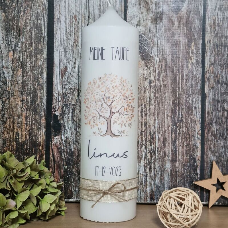 Taufkerze Kommunionkerze Lebensbaum -"Linus"- Beige, Naturfarben, Konfirmationkerze mit Name, Datum und Schleifen
