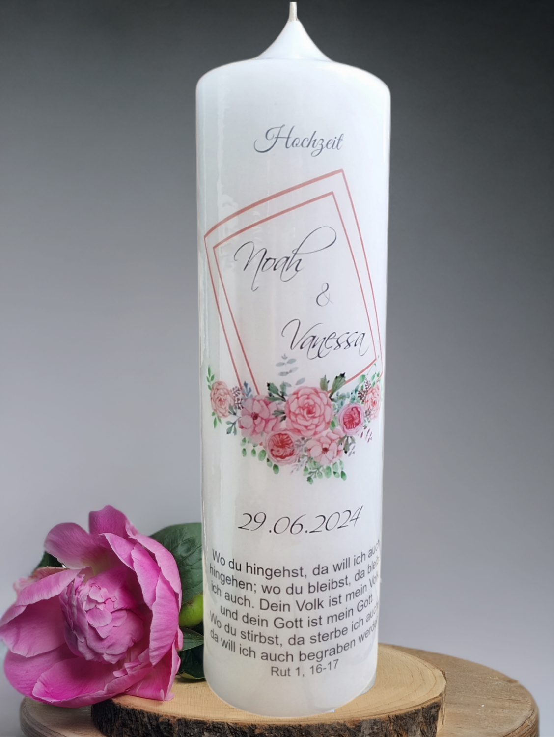 Hochzeitskerze Blumen Bilderrahmen - personalisiert mit Namen, Datum und Trauspruch